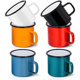 Cups from amazon Herogo Set of 6 Enamel Coffee Cups White/Black/Red/Blue/Green/Yellow, Porcelain Enamel Tea Cups Coffee Mug Set with Handle for Camping, Home, Party, Office, Reusable & Portable, 350 ml