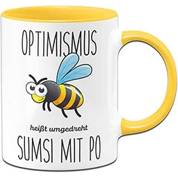 Cringe cup from amazon Cup distillery Bees mug with slogan “Optimismus heißt umgedreht Sumsi”with Po Funny Office Cup Sayings Mugs, Funny Yellow