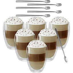 Cups from amazon GoMaihe Latte Macchiato Double-Walled Glasses, 350 ml Set of 6 and 6 Spoons, Cappuccino Cups, Iced Coffee Cups, Coffee Cup, Tea Glasses, Thermal Glasses, Double-Walled Coffee Glasses, Coffee Cup, Mocha Cups