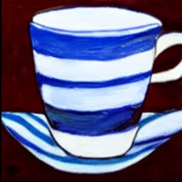 a blue and white striped cup with a fruit painting