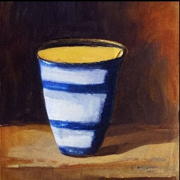 a blue and white striped cup with a fruit painting