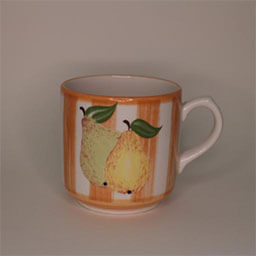 A cylindric cup with a handle facing right 
                            A orange and white striped cup painted with two pear illustrations 
                            An empty cup in studio