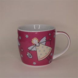 A slightly rounded cup with a handle facing right 
                            A pink cup painted with cute angel illustrations 
                            An empty cup in studio