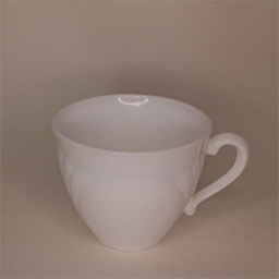 A rounded cone shaped cup with a handle facing right 
                            A plain white cup with a floral relief 
                            An empty cup in studio