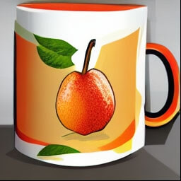 a vintage retro coffee mug with orange stripes and an illustration of a pear with some fruit and a pear lying next to it sunset light