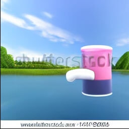 3d rendered environement in light pink and baby blue colors with a simple rounded cup standing on an island in a lake