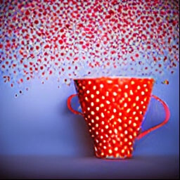 playfully distorted cup covered all over in colorful confetti with red dots and heart shapes