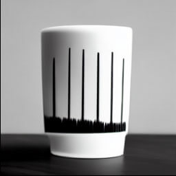 a minimalistic puristic cup with a print inspired by sound waves in a black and white environment