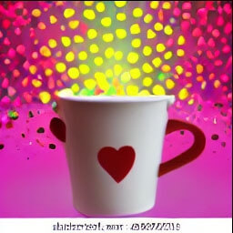 playfully distorted cup covered all over in colorful confetti with red dots and heart shapes