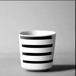 a minimalistic puristic cup with a print inspired by sound waves in a black and white environment