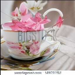 a vintage tea cup with a beautiful floral pattern with flower petals lying on a table stunning