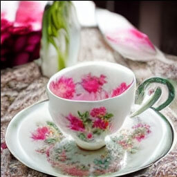 a vintage tea cup with a beautiful floral pattern with flower petals lying on a table stunning