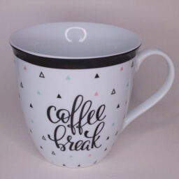 Identity story empty conic white lettering triangle printed cup handle right
