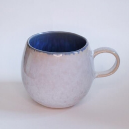 Scandinavian white blue stone glazed empty round cup handle right