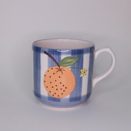 Vintage empty cylindric cup handle right blue white stripes orange illustration