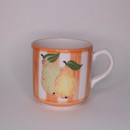 Vintage empty cylindric cup handle right white orange stripes pear illustration.